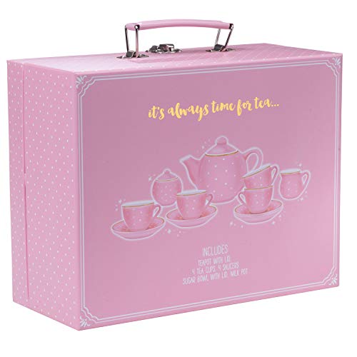 Jewelkeeper Porcelain Tea Party Set for Little Girls, 13 Pieces + Carrying Case, Pink Polka Dot Design - Great Gift for Kids