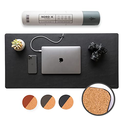 Nordik Cork Leather Desk Mat Cable Organizer (Pebble Black 35 X 17 inch) Premium Extended Mouse Mat for Home Office Accessories - Non-Slip Vegan Leather Desk Pad Protector & Desk Blotter Pad