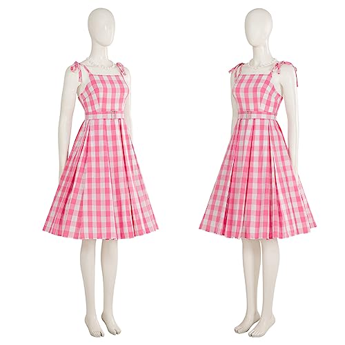 Margot Robbie Cosplay Costume 2023 Movie Barbii Pink Plaid Dress XLarge