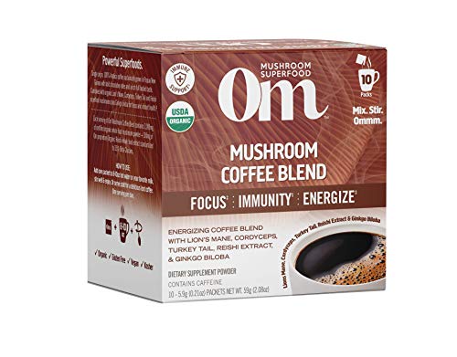 Om Mushroom Superfood Coffee Blend Mushroom Powder, Single Serve, 10 Count, Organic Arabica Beans, Lion's Mane, Cordyceps, Turkey Tail, Reishi Extract, Ginkgo Biloba, Supports Energy and Focus
