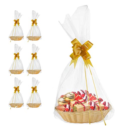 [6 pk] Baskets for Gifts Empty| 7x9" Small Wicker-look Empty Baskets to Fill| DIY Gift Basket Set with Basket Bags and Gold Pull Bows| Thanksgiving, Christmas, Easter Gift Basket Kit| Gift to Impress