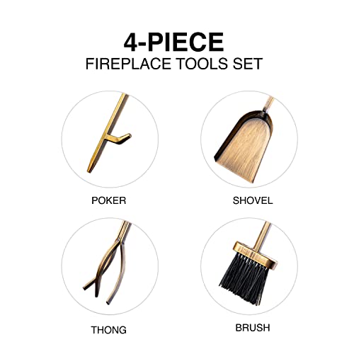 Fireplace Tools Set, 5 pcs Fireplace Accessories - Brass-Plated Poker, Shovel, Tongs & Brush. Easy-to-Assemble Fire Poker Set for Chimney with a Modern Design