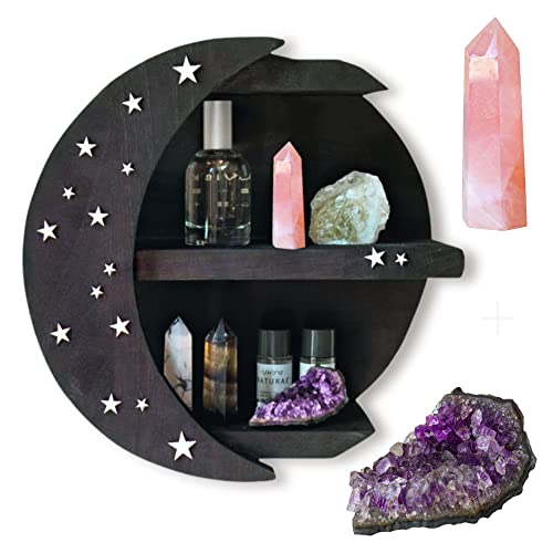 Homenook Crescent Moon Shelf Set with Amethyst and Rose Quartz Crystals & Stars - Black Moon Shelf Wall Decor Made with Paulownia Wood