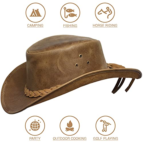 BRANDSLOCK Cowboy Hat Leather Outback Sun Hat with Chin Cord Tan Small