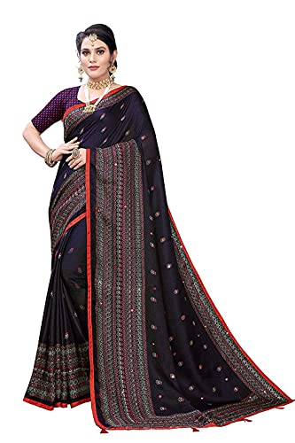 Chandrakala Sarees for Women Cotton Madhubani Print Mirror Work Indian Traditional Sari with Unstitched Blousepiece, Black (1412BLA)