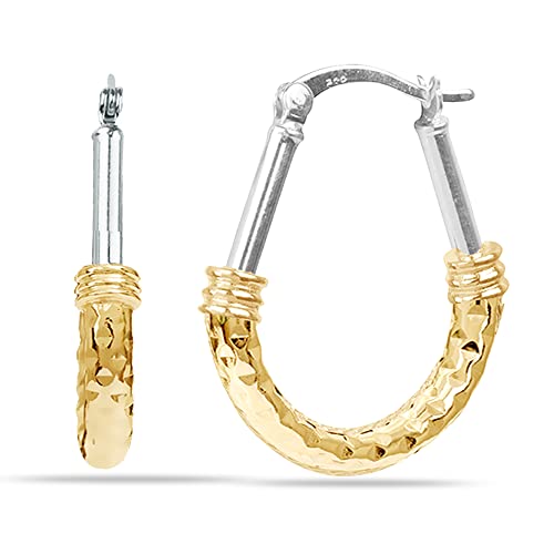 Lecalla Sterling Silver Italian Small Twotone Oval Diamondcut Hoop Earrings