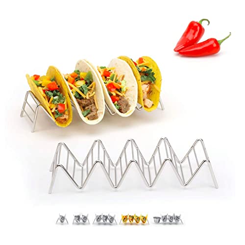 Taco Holders Set of 2 Premium Stainless Steel Stackable Stands, Each Rack Holds 4 or 5 Hard or Soft Tacos, Five Styles Available By 2lbDepot