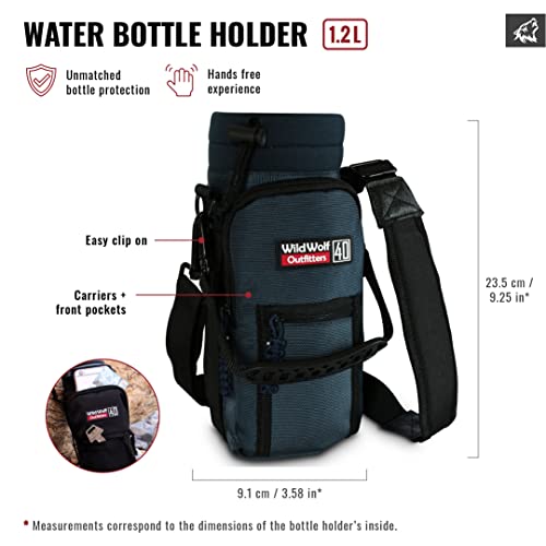 Water Bottle Holder for 40oz Bottles by Wild Wolf Outfitters - Blue - Carry, Protect and Insulate Your Best Flask with This Carrier w/ 2 Pockets & an Adjustable Padded Shoulder Strap.