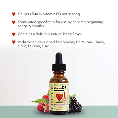 ChildLife Essentials Vitamin D3 - Vitamin D Drops for Kids, Supports Immune, Respiratory, Heart, & Bone Health, All-Natural, Gluten-Free, Non-GMO, 500 IU (12.5 mg) - Natural Berry Flavor, 1 Fl. Oz Bottle