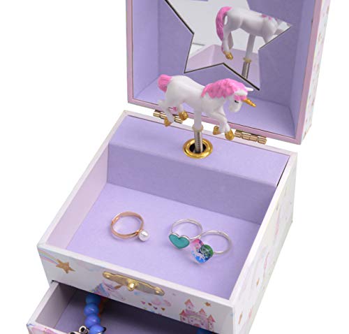 Jewelkeeper Girl's Musical Jewelry Storage Box with Spinning Unicorn & Pullout Drawer, Glitter Rainbow and Stars Design, The Unicorn Tune - Ideal Gift for Girls
