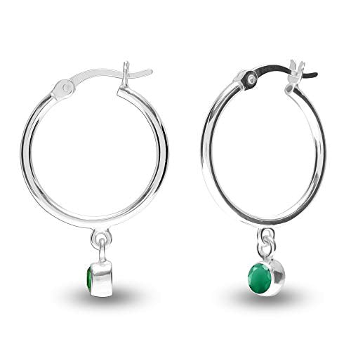 LeCalla Flaunt Sterling Silver Jewelry Green Emerald Birthstone Hoop Earrings for Teens and Women (3 MM Round Cut)