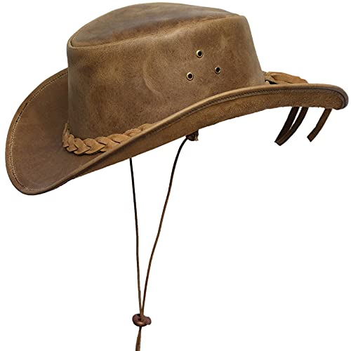 BRANDSLOCK Cowboy Hat Leather Outback Sun Hat with Chin Cord Tan Small
