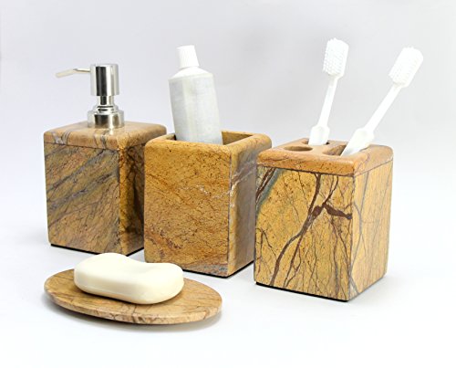 KLEO - Bathroom Accessory Set Made from Natural Stone - Bath Accessories Set of 4 Includes Soap Dispenser, Toothbrush Holder, Tumbler and Soap Dish (Brown)