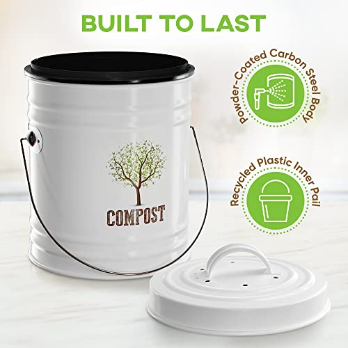 Third Rock Kitchen Compost Bin - 1.3 Gallon Indoor Compost Bin Countertop - Includes Inner Compost Bucket Liner & Charcoal Filter, White