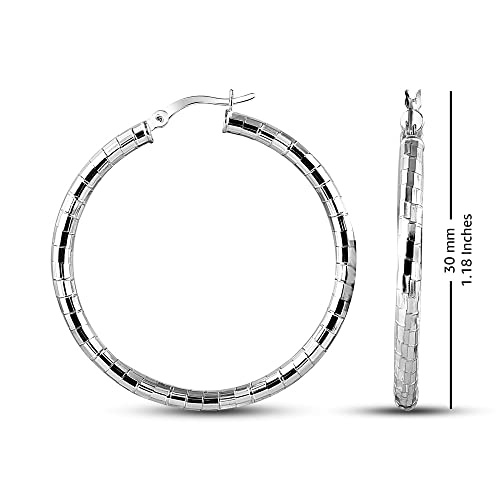 Charmsy 925 Silver Disco Diamondcut Hoop Earrings Textured Pattern 30mm