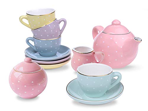 Jewelkeeper Porcelain Tea Set for Little Girls Pastel Polka Dot 13 Pieces