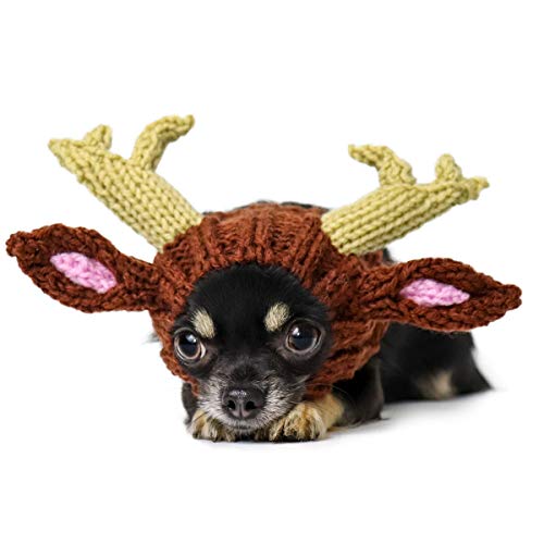 Zoo Snoods Reindeer Costume for Dogs & Cats - Soft Yarn Ear Covers - Deer Antlers  Brown