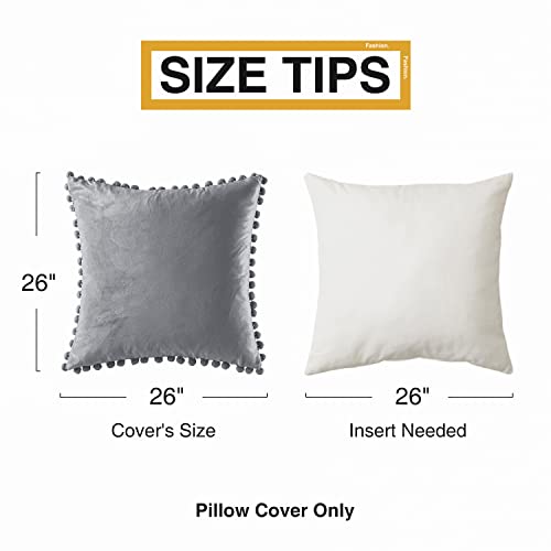 Top Finel Decorative Euro Throw Pillow Covers 26 x 26 Inch Soft Particles Velvet Solid Cushion Covers with Pom-poms 65 x 65 cm, Pack of 2, Grey