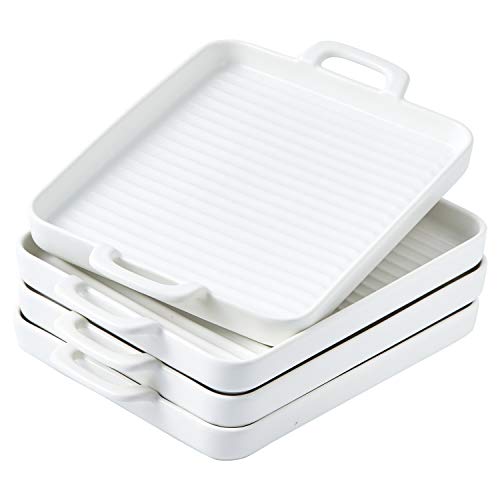 Bruntmor 8.5" x 7 Set Of 4 Porcelain Matte Oven to Table Bakeware Dinner Plates, for Oven Roasting Lasagna Pan with Handle Square Dish, White