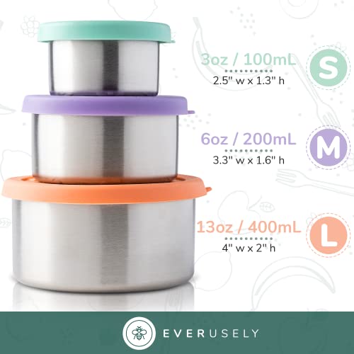 Everusely Small Stackable Toddler Snack Containers for Kids (13oz/6oz/3oz), Leak-Proof Stainless Steel Containers with Lids, Metal Kids Lunch Box Containers Kids, Stainless Steel Bento Box