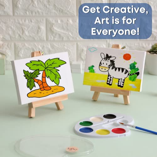 Set of 12 Mini Canvases 4x6" and Easel Set with Water Colors Paint - Party Favors for Kids 3 to 5 - Goody Bag Stuffers - Kids Paint Set