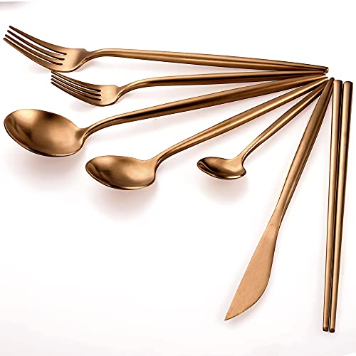 Copper Silverware Set Reusable Chopsticks KiiZYs 14-piece Stainless Steel Utensils Set Kitchen Accessories Cutlery Set (Matte Copper, 2 Sets)