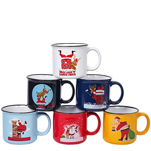 Bruntmor 14 Oz Christmas Coffee Mug Set of 6, Best Christmas gifts for women, 14 Ounce Ceramic Mugs Set In Funny Santa Design