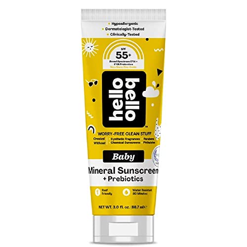 Hello Bello Mineral SPF 55+ Sunscreen Lotion with Prebiotics I Water Resistant and Reef Friendly Sun Protection for Babies and Kids I 3 fl oz (Pack of 1)