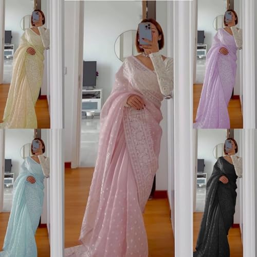 Organza Sarees for Women Indian Party Saree Sari & Unstitched Blouse Choli Pink
