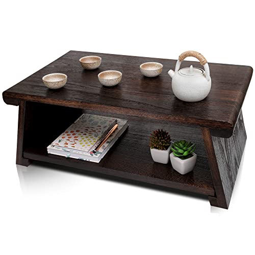 ENSO-Uji Japanese Meditation & Tea Table Folding Floor Altar Table Made of Solid Paulownia Wood with Lower Shelf Foldable Low Table for Floor Sitting
