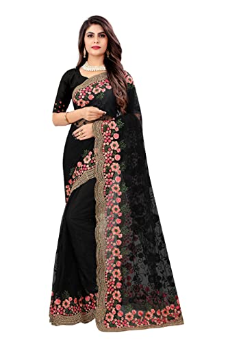 CRAFTSTRIBE Black Sari Resham and Zari Embroidery Saree with Unstitched Blouse