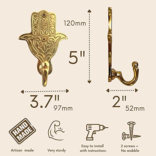 Decorative Hooks for Boho or Maximalist Decor - Towel Hooks - 2 Pack Heavy Duty 5" Hamsa Hand Coat Hooks, Gold Entryway Key Hooks, BOUDIKAA