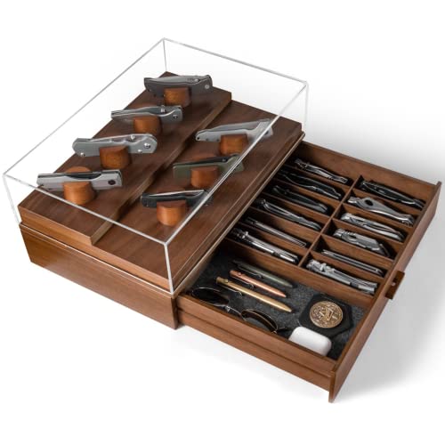 Pocket Knife Display Case - The Armory Walnut Wood Knife Cases For Collections of 19 to 25 Pocket Knives - Two-Tier 360 Knife Holder with Felt-Lined Drawer - Pocket Knife Storage Knife Display Stand
