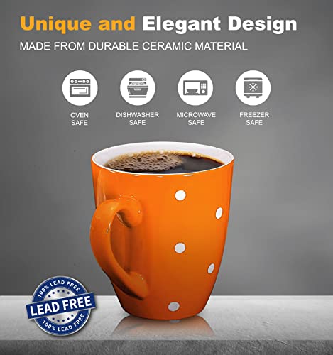 Bruntmor 16 Oz Polka Dot Coffee Mug Set of 6 Large Mugcup in Orange Design