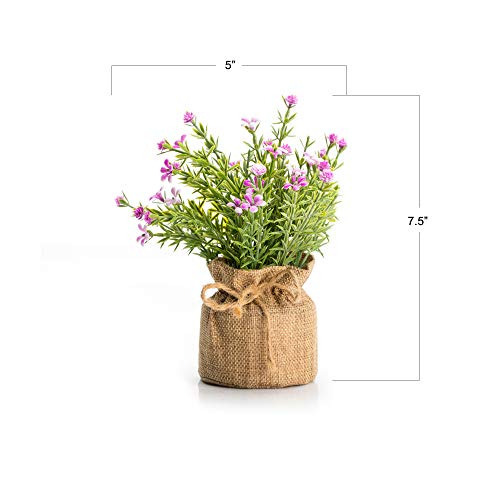Velener Mini Artificial Baby's-Breath Flower in Linen Burlap Pot for Home Décor Table Décor Purple Pink White Flowers (Set of 3)