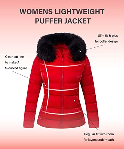 Bellivera Womens Puffer Jacket Winter Clothes for Women Quilted Bubble Padded Hood Coat with Faux Fur Collar 7695 Red XS