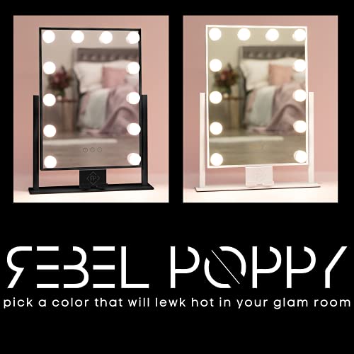 REBEL POPPY Vanity Mirrors with LED Lights, Phone Mount, 3 Lighting Touch Control, 18.5” x 14.8”, Fogless (Black)