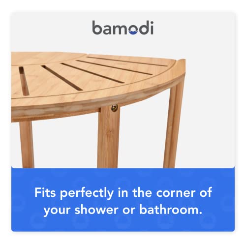Bamodi Bamboo Corner Stool with Storage Shelf for Inside Shower - 15.74" D x 15.74" W x 16.53" H Wooden Bathroom Bench for Shaving Legs - Storage Organizer for Small Spaces - Decorative Wood Chair