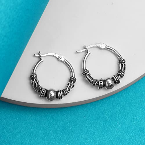 LeCalla 925 Sterling Silver Oxidized Balinese Jewelry Antique Lightweight Spiral Bali Hoop Earrings for Women Teen