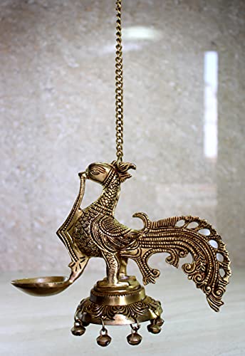 eSplanade Brass Diya Indian pooja lamp| Hanging Brass Deepak Deepam Kuthu Vilakku| With bells (Peacock).