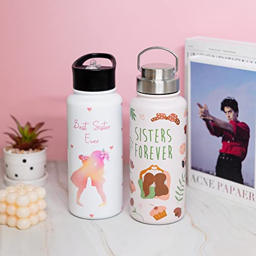 Sisters Forever 32 Oz Insulated Water Bottle with Two Lids, Birthday Gifts For Sister