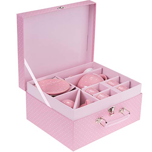 Jewelkeeper Porcelain Tea Party Set for Little Girls, 13 Pieces + Carrying Case, Pink Polka Dot Design - Great Gift for Kids