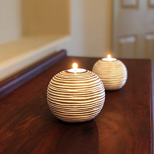 Tuva Orb Candle Holders (Gift Boxed Set of 2), Table Centerpieces, Bathroom, Kitchen Counter, Mantle or Coffee Table Decor (Light Brown and White)