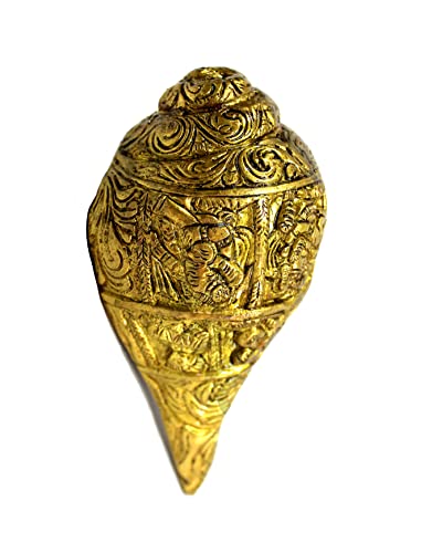 Esplanade Brass Ganesha Carving Shankh Shell Holy Home Decor Shankha Sel Golden