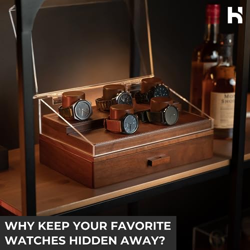 Watch Box Organizer for Men - 5 Pillar Watch Holder w/Hinged Acrylic Cover & Padding - Watch Box for Men w/Large Drawer for Accessories - 360 Watch Display Case - Watch Case - The Curator Pro, Walnut