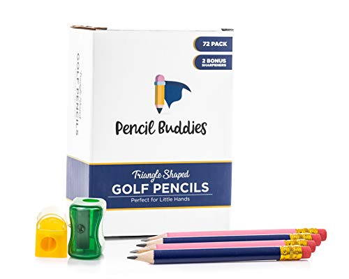 Pencil Buddies Short Triangle Golf Pencils with Erasers, 72 Pack, Small Grip for Preschool, School and Kindergarten Students, Kid’s Writing and Drawing School Supplies, 2 Sharpeners