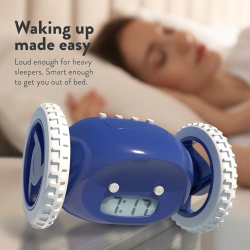 CLOCKY - Funny Gift, Loud Alarm Clock for Heavy Sleepers on Wheels (Adults Kids Teens Bedroom) Run Away Moving Jump Roll Vibrating, Cute Annoying, 1 Snooze, Digital, Wake Up Energized (Navy)