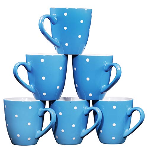 Bruntmor 16 Oz Polka Dot Coffee Mug Set of 6, Large 16 Ounce Ceramic Microwavable, Porcelain Mug Set In Blue Polka Dot Design with Big handles , Best Coffee Mug For Your Christmas Or Birthday