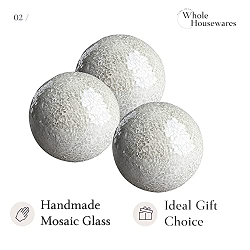 WHOLE HOUSEWARES Decorative Balls Set of 3 Glass Mosaic Orbs for Bowls 4" Diameter White