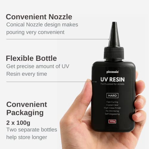 Piccassio UV Resin 200g - Upgraded Clear Hard Type UV Glue - Rapid Cure Craft Resin Using UV Light - Casting and Coating - Make DIY Crafts - Jewelry, Keychains, Clear-Cast Parts in Minutes